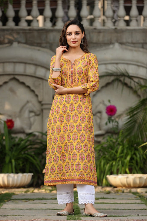 Women Musturd Ethnic Motifs Printed Pure Cotton Kurta